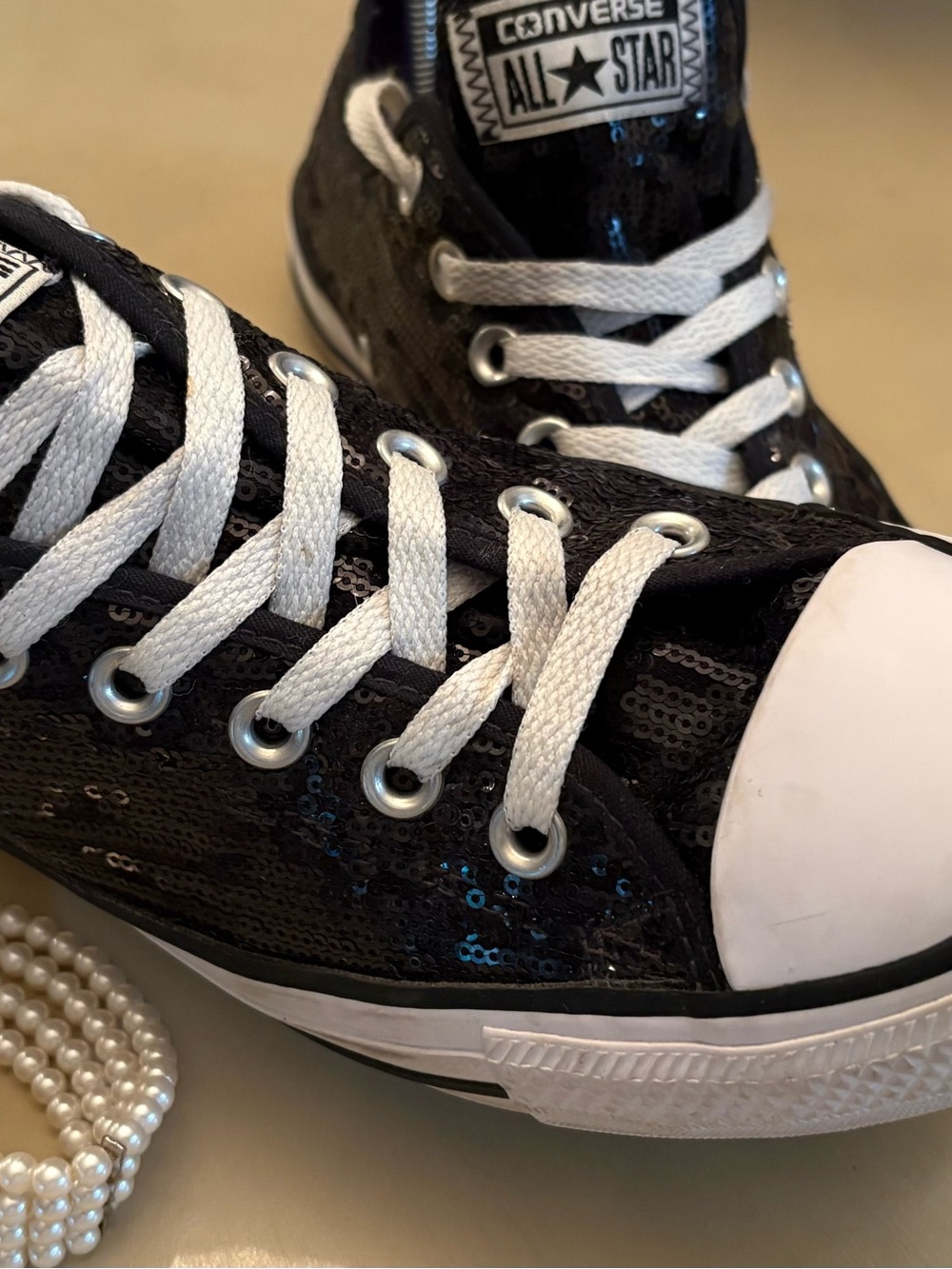 Converse Black Sequin Low Top Sneakers with White Accents - Picture 6 of 8